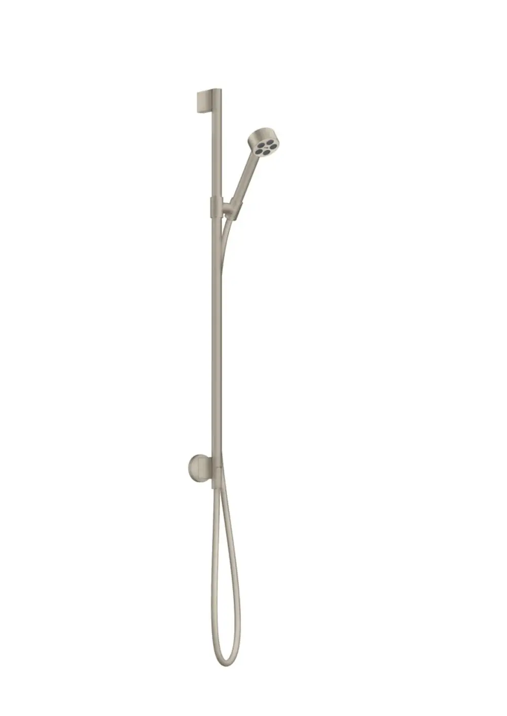Brauseset mit Wandanschluss in gebürstetem Nickel. Enthält eine Handbrause und eine flexible Schlauchleitung. Produkt von AXOR.